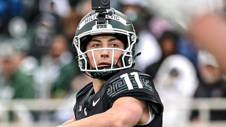 Michigan State's Alessio Milivojevic throws a pass during the football Spring Showcase on Saturday, April 18, 2026, at Spartan Stadium in East Lansing.