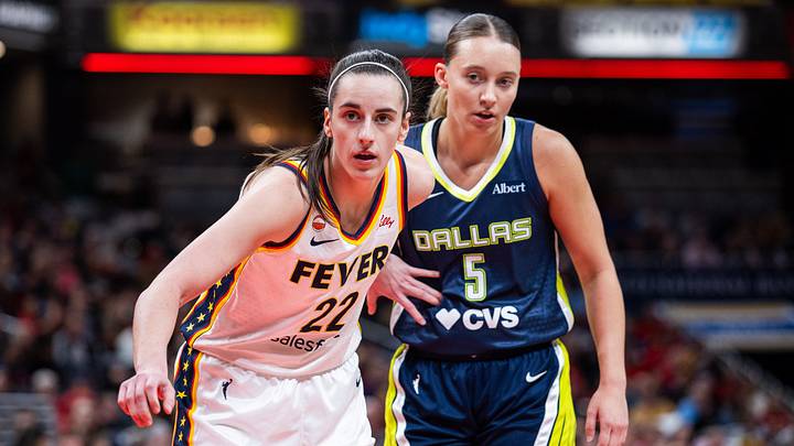 Indiana Fever guard Caitlin Clark (22) and Dallas Wings guard Paige Bueckers (5) during an inbounds play Indiana Fever guard Caitlin Clark (22) and Dallas Wings guard Paige Bueckers (5) during an inbounds play