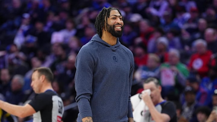 Feb 4, 2025; Philadelphia, Pennsylvania, USA; Dallas Mavericks forward Anthony Davis (3) looks on against the Philadelphia 76ers in the second quarter at Wells Fargo Center. Mandatory Credit: Kyle Ross-Imagn Images