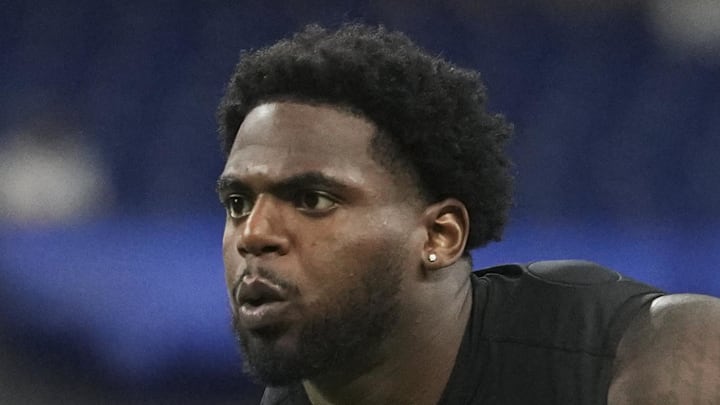 Feb 26, 2026; Indianapolis, IN, USA; Western Michigan defensive lineman Nadame Tucker (DL61) during the NFL Scouting Combine at Lucas Oil Stadium. Mandatory Credit: Kirby Lee-Imagn Images Feb 26, 2026; Indianapolis, IN, USA; Western Michigan defensive lineman Nadame Tucker (DL61) during the NFL Scouting Combine at Lucas Oil Stadium. Mandatory Credit: Kirby Lee-Imagn Images