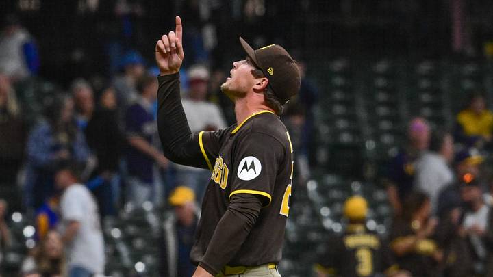 May 13, 2026; Milwaukee, Wisconsin, USA; San Diego Padres pitcher Mason Miller (22) reacts after picking up a save against the Milwaukee Brewers at American Family Field. Mandatory Credit: Benny Sieu-Imagn Images May 13, 2026; Milwaukee, Wisconsin, USA; San Diego Padres pitcher Mason Miller (22) reacts after picking up a save against the Milwaukee Brewers at American Family Field. Mandatory Credit: Benny Sieu-Imagn Images