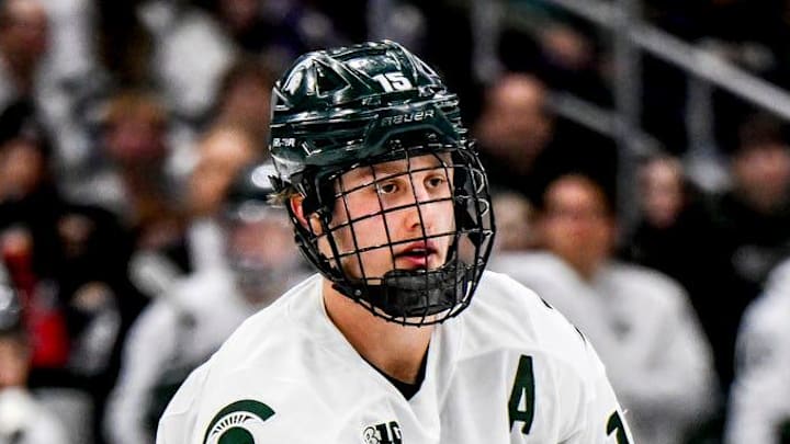 Michigan State's Charlie Stramel moves the puck against Michigan during the third period on Friday, Dec. 5, 2025, at Munn Ice Arena in East Lansing.