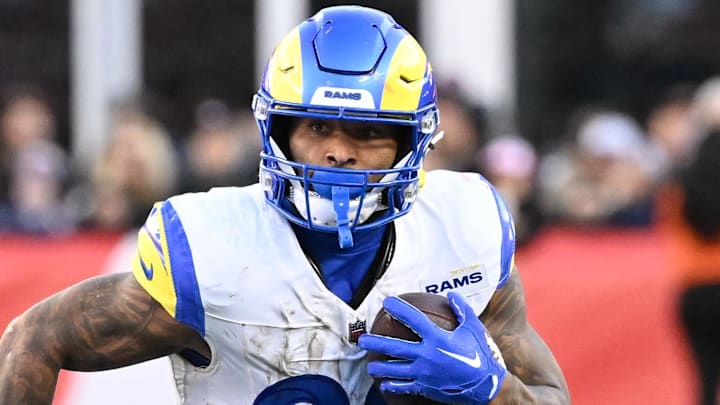 Nov 17, 2024; Foxborough, Massachusetts, USA;  Los Angeles Rams running back Kyren Williams (23) runs the ball against the New England Patriots during the second half at Gillette Stadium. Mandatory Credit: Eric Canha-Imagn Images