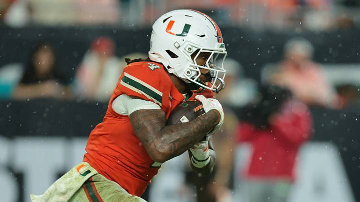 Oct 17, 2026; Miami Gardens, Florida, USA; Miami Hurricanes running back Mark Fletcher Jr. (4) runs during the first quarter against the Florida State Seminoles at Hard Rock Stadium. Mandatory Credit: Sam Navarro-Imagn Images Oct 17, 2026; Miami Gardens, Florida, USA; Miami Hurricanes running back Mark Fletcher Jr. (4) runs during the first quarter against the Florida State Seminoles at Hard Rock Stadium. Mandatory Credit: Sam Navarro-Imagn Images