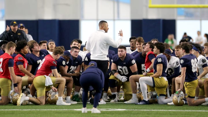 Notre Dame Head Coach Marcus Freeman talks to the team at Notre Dame spring football practice Thursday, March 7, 2024, at the Irish Athletics Center in South Bend.