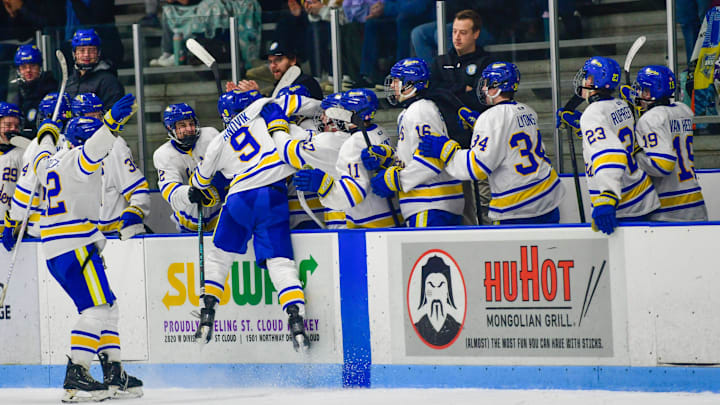 St. Cloud Cathedral hockey senior Brady Andvik (9) celebrates his first goal of the season during the Granite City Showcase against Sauk Rapids on Dec. 30, 2025 at the Municipal Athletic Complex. The Crusaders won 5-0. St. Cloud Cathedral hockey senior Brady Andvik (9) celebrates his first goal of the season during the Granite City Showcase against Sauk Rapids on Dec. 30, 2025 at the Municipal Athletic Complex. The Crusaders won 5-0.