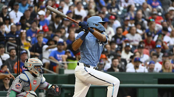 Apr 26, 2025; Washington, District of Columbia, USA; Washington Nationals outfielder James Wood (29) singles against the New York Mets during the first inning at Nationals Park. Apr 26, 2025; Washington, District of Columbia, USA; Washington Nationals outfielder James Wood (29) singles against the New York Mets during the first inning at Nationals Park.