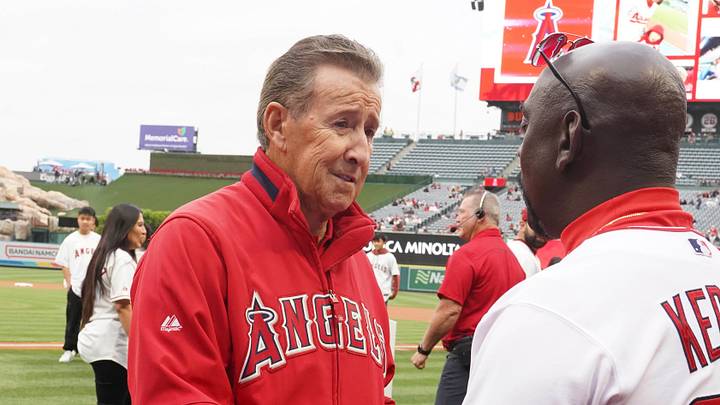 Anaheim, California, USA; Los Angeles Angels owner Arte Moreno shakes hands with Tim Keppler during the game against the Boston Red Sox  at Angel Stadium. Mandatory Credit: Kirby Lee-USA TODAY Sports