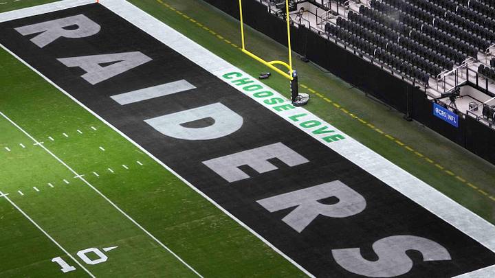 Jan 4, 2026; Paradise, Nevada, USA; The Las Vegas Raiders logo in the end zone at Allegiant Stadium. Mandatory Credit: Kirby Lee-Imagn Images