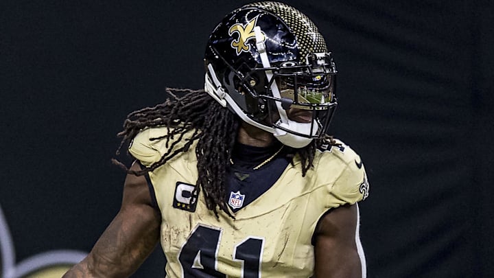Sep 7, 2025; New Orleans, Louisiana, USA; New Orleans Saints running back Alvin Kamara (41) scores a touchdown during the second quarter at Caesars Superdome. Mandatory Credit: Stephen Lew-Imagn Images
