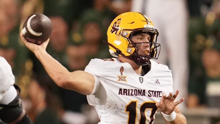 Sep 20, 2025; Waco, Texas, USA; Arizona State Sun Devils quarterback Sam Leavitt (10) throws a pass downfield against the Baylor Bears during the second half at McLane Stadium. Mandatory Credit: Chris Jones-Imagn Images