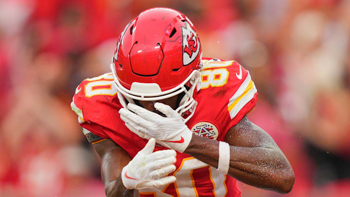 Sep 14, 2025; Kansas City, Missouri, USA; Kansas City Chiefs wide receiver Tyquan Thornton (80) celebrates after scoring a touchdown against the Philadelphia Eagles during the fourth quarter of the game at GEHA Field at Arrowhead Stadium. Mandatory Credit: Jay Biggerstaff-Imagn Images