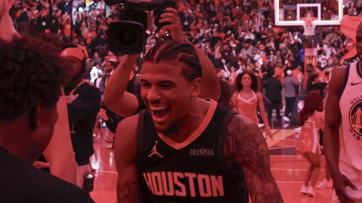 Dec 11, 2024; Houston, Texas, USA; Houston Rockets guard Jalen Green (4) celebrates after the game against the Golden State Warriors at Toyota Center. Mandatory Credit: Troy Taormina-Imagn Images