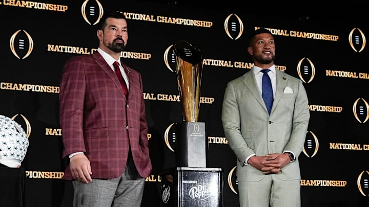 College Football Playoff championship stands between Ohio State Buckeyes head coach Ryan Day speaks and Notre Dame Fighting Irish head coach Marcus Freeman during a coaches press conference in Atlanta on Jan. 19, 2025.