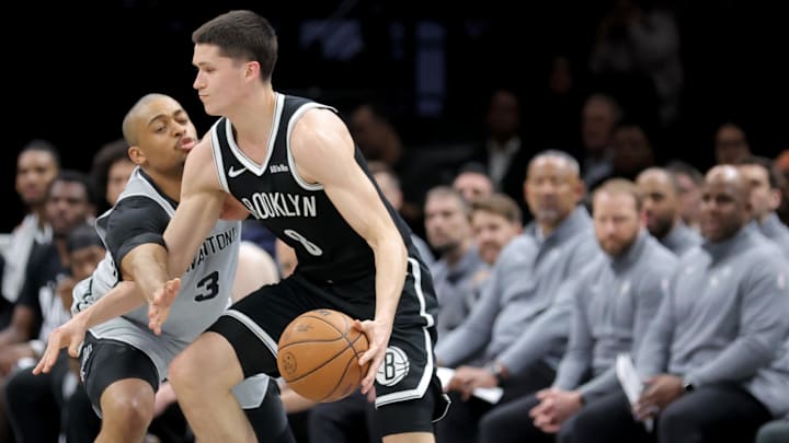 Feb 26, 2026; Brooklyn, New York, USA; Brooklyn Nets guard Egor Demin (8) is fouled by San Antonio Spurs forward Keldon Johnson (3) during the second quarter at Barclays Center. Mandatory Credit: Brad Penner-Imagn Images Feb 26, 2026; Brooklyn, New York, USA; Brooklyn Nets guard Egor Demin (8) is fouled by San Antonio Spurs forward Keldon Johnson (3) during the second quarter at Barclays Center. Mandatory Credit: Brad Penner-Imagn Images