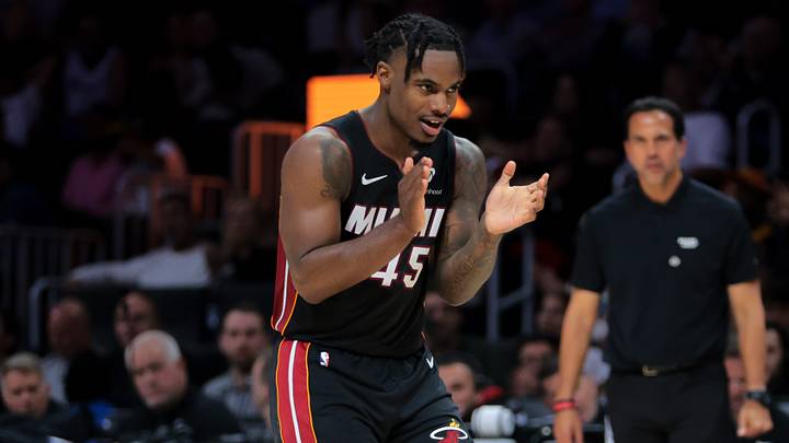 Miami Heat guard Davion Mitchell (45) reacts after scoring (Mandatory Credit: Sam Navarro-Imagn Images)