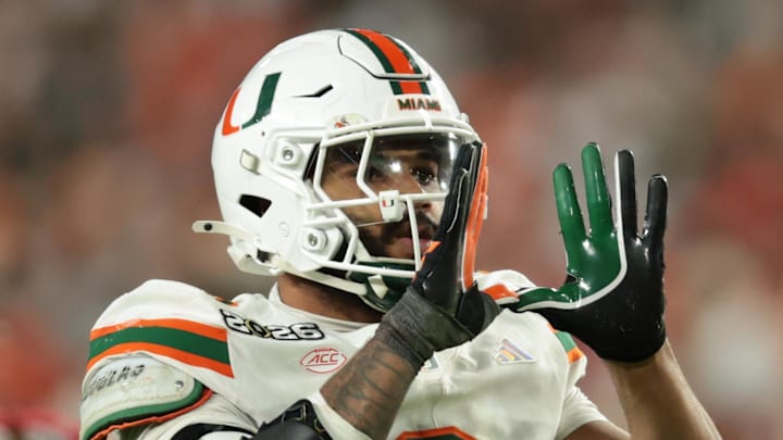 Jan 19, 2026; Miami Gardens, FL, USA; Miami Hurricanes defensive lineman Akheem Mesidor (3) celebrates after a sack against the Indiana Hoosiers in the third quarter during the College Football Playoff National Championship game at Hard Rock Stadium. Mandatory Credit: Sam Navarro-Imagn Images Jan 19, 2026; Miami Gardens, FL, USA; Miami Hurricanes defensive lineman Akheem Mesidor (3) celebrates after a sack against the Indiana Hoosiers in the third quarter during the College Football Playoff National Championship game at Hard Rock Stadium. Mandatory Credit: Sam Navarro-Imagn Images