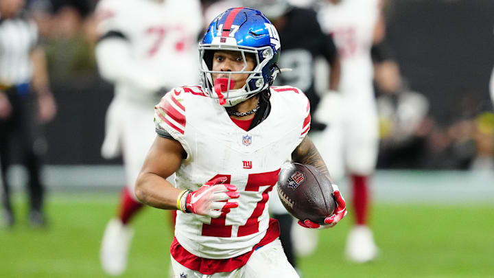 Dec 28, 2025; Paradise, Nevada, USA; New York Giants wide receiver Wan'Dale Robinson (17) runs with the ball after a catch in the second quarter against the Las Vegas Raiders at Allegiant Stadium. Mandatory Credit: Stephen R. Sylvanie-Imagn Images Dec 28, 2025; Paradise, Nevada, USA; New York Giants wide receiver Wan'Dale Robinson (17) runs with the ball after a catch in the second quarter against the Las Vegas Raiders at Allegiant Stadium. Mandatory Credit: Stephen R. Sylvanie-Imagn Images