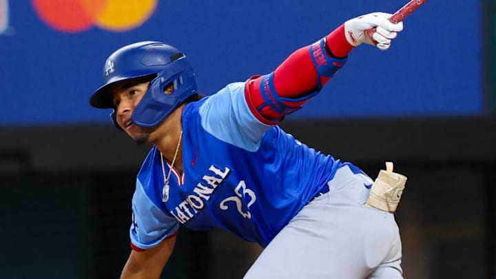 Jeral Perez (23) hits a double during the 2024 MLB All-Star Futures Game at Globe Life Field.  