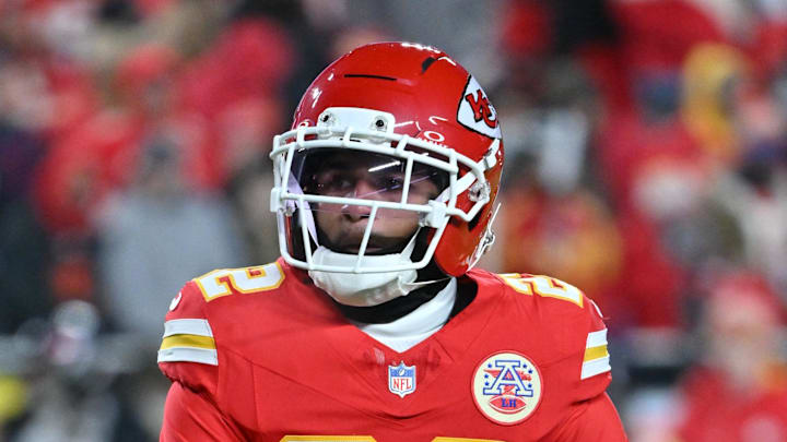 Dec 7, 2025; Kansas City, Missouri, USA; Kansas City Chiefs cornerback Trent McDuffie (22) warms up prior to the game against the Houston Texans at GEHA Field at Arrowhead Stadium. Mandatory Credit: Amy Kontras-Imagn Images
