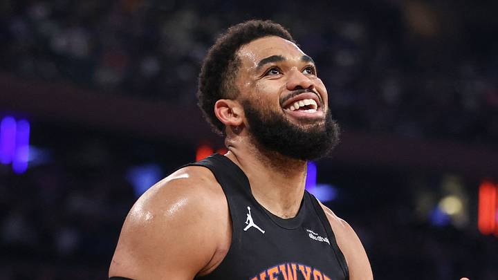 May 6, 2026; New York, New York, USA; New York Knicks center Karl-Anthony Towns (32) reacts after getting called for a foul against the Philadelphia 76ers during game five of the second round of the 2026 NBA Playoffs at Madison Square Garden. Mandatory Credit: Wendell Cruz-Imagn Images