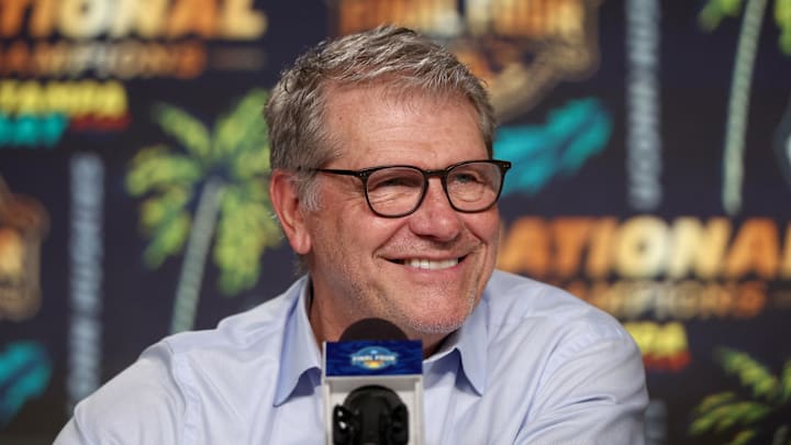 Apr 6, 2025; Tampa, FL, USA; Connecticut Huskies head coach Geno Auriemma speaks to the media after the national championship of the women's 2025 NCAA tournament against the South Carolina Gamecocks at Amalie Arena. Mandatory Credit: Nathan Ray Seebeck-Imagn Images Apr 6, 2025; Tampa, FL, USA; Connecticut Huskies head coach Geno Auriemma speaks to the media after the national championship of the women's 2025 NCAA tournament against the South Carolina Gamecocks at Amalie Arena. Mandatory Credit: Nathan Ray Seebeck-Imagn Images