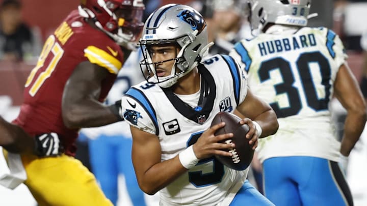 Oct 20, 2024; Landover, Maryland, USA; Carolina Panthers quarterback Bryce Young (9) scrambles against the Washington Commanders during the fourth quarter at Northwest Stadium. Mandatory Credit: Geoff Burke-Imagn Images Oct 20, 2024; Landover, Maryland, USA; Carolina Panthers quarterback Bryce Young (9) scrambles against the Washington Commanders during the fourth quarter at Northwest Stadium. Mandatory Credit: Geoff Burke-Imagn Images