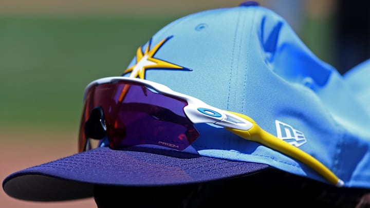 Mar 21, 2018; Port Charlotte, FL, USA; A view of Oakley sunglasses on the New Era Spring Training hat in the game of the Boston Red Sox against the Tampa Bay Rays at Charlotte Sports Park.