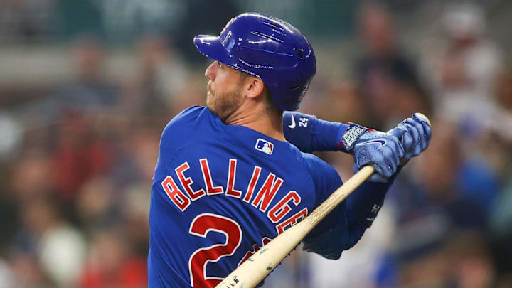Sep 26, 2023; Atlanta, Georgia, USA; Chicago Cubs first baseman Cody Bellinger (24) hits a single