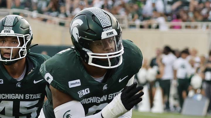 Michigan State defensive end Keahnist Thompson chases the passer against Eastern Michigan at Spartan Stadium on Saturday, Sept. 12, 2026. Michigan State defensive end Keahnist Thompson chases the passer against Eastern Michigan at Spartan Stadium on Saturday, Sept. 12, 2026.