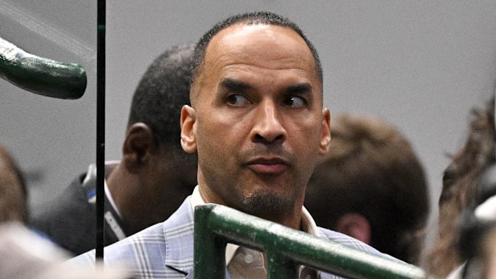 Apr 9, 2025; Dallas, Texas, USA; Dallas Mavericks general manager Nico Harrison during the game between the Dallas Mavericks and the Los Angeles Lakers at American Airlines Center. Mandatory Credit: Jerome Miron-Imagn Images