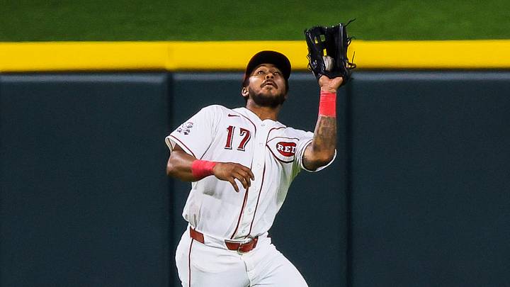 Cincinnati Reds outfielder Dane Myers (17) catches a fly out Cincinnati Reds outfielder Dane Myers (17) catches a fly out