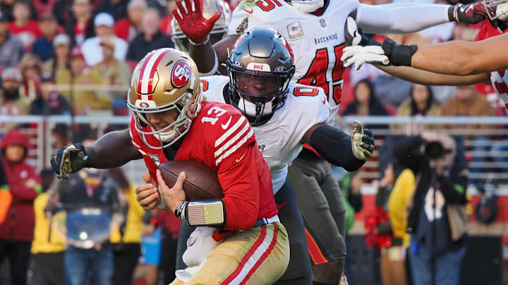 Nov 19, 2023; Santa Clara, California, USA; Tampa Bay Buccaneers outside linebacker Yaya Diaby (0) sacks San Francisco 49ers quarterback Brock Purdy (13) during the fourth quarter at Levi's Stadium. Mandatory Credit: Kelley L Cox-Imagn Images Nov 19, 2023; Santa Clara, California, USA; Tampa Bay Buccaneers outside linebacker Yaya Diaby (0) sacks San Francisco 49ers quarterback Brock Purdy (13) during the fourth quarter at Levi's Stadium. Mandatory Credit: Kelley L Cox-Imagn Images