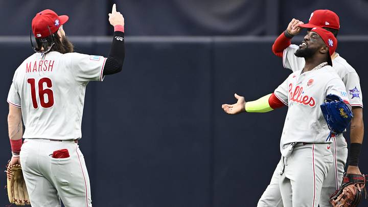 May 25, 2026; San Diego, California, USA; Philadelphia Phillies left fielder Brandon Marsh (16) and right fielder Adolis García (53) celebrate after the Phillies beat the San Diego Padres at Petco Park. May 25, 2026; San Diego, California, USA; Philadelphia Phillies left fielder Brandon Marsh (16) and right fielder Adolis García (53) celebrate after the Phillies beat the San Diego Padres at Petco Park.