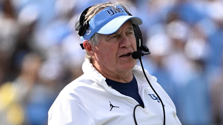 Sep 13, 2025; Chapel Hill, North Carolina, USA; North Carolina Tar Heels head coach Bill Belichick on the sidelines in the second quarter at Kenan Stadium. Mandatory Credit: Bob Donnan-Imagn Images