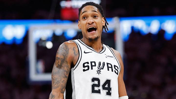 May 20, 2026; Oklahoma City, Oklahoma, USA; San Antonio Spurs guard Devin Vassell (24) reacts to a play during the fourth quarter against the Oklahoma City Thunder during game two of the western conference finals for the 2026 NBA playoffs at Paycom Center. Mandatory Credit: Alonzo Adams-Imagn Images