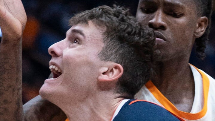 Auburn forward Filip Jovic (38) shoots against Tennessee center Felix Okpara (34) during their Day 2 2026 SEC Men’s Basketball Tournament game at Bridgestone Arena in Nashville, Tenn., Thursday, March 12, 2026. Auburn forward Filip Jovic (38) shoots against Tennessee center Felix Okpara (34) during their Day 2 2026 SEC Men’s Basketball Tournament game at Bridgestone Arena in Nashville, Tenn., Thursday, March 12, 2026.