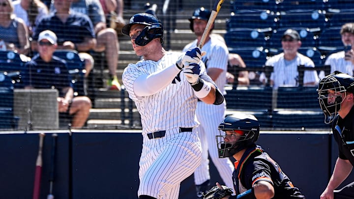 New York Yankees right fielder Aaron Judge (99) bats against Detroit Tigers during the first inning at George M. Steinbrenner Field in Tampa, Fla. on Saturday, Feb. 21, 2026.