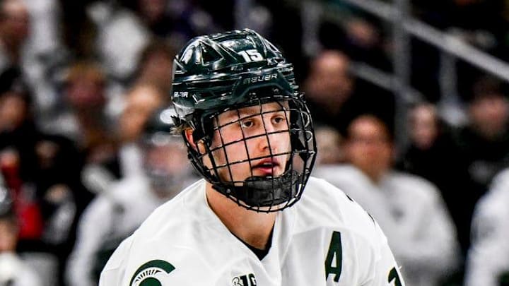 Michigan State's Charlie Stramel moves the puck against Michigan during the third period on Friday, Dec. 5, 2025, at Munn Ice Arena in East Lansing.
