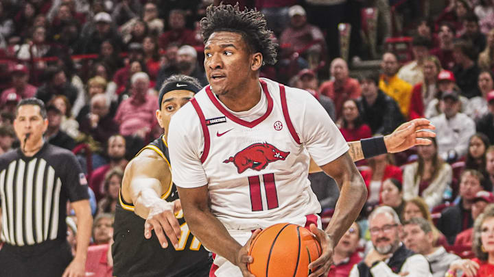 Arkansas Razorbacks guard Karter Knox against the Missouri Tigers at Bud Walton Arena in Fayetteville, Ark. Arkansas Razorbacks guard Karter Knox against the Missouri Tigers at Bud Walton Arena in Fayetteville, Ark.