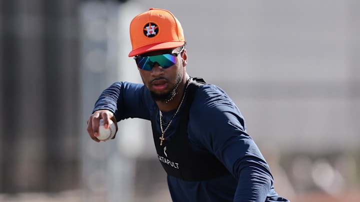 Feb 14, 2025; West Palm Beach, FL, USA; Houston Astros infielder Brice Matthews (86) works out during spring training at CACTI Park of the Palm Beaches. 
