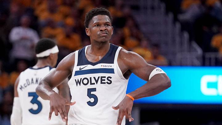 May 12, 2025; San Francisco, California, USA; Minnesota Timberwolves guard Anthony Edwards (5) reacts after making a three point basket against the Golden State Warriors in the third quarter during game four of the second round for the 2025 NBA Playoffs at Chase Center. Mandatory Credit: Cary Edmondson-Imagn Images May 12, 2025; San Francisco, California, USA; Minnesota Timberwolves guard Anthony Edwards (5) reacts after making a three point basket against the Golden State Warriors in the third quarter during game four of the second round for the 2025 NBA Playoffs at Chase Center. Mandatory Credit: Cary Edmondson-Imagn Images