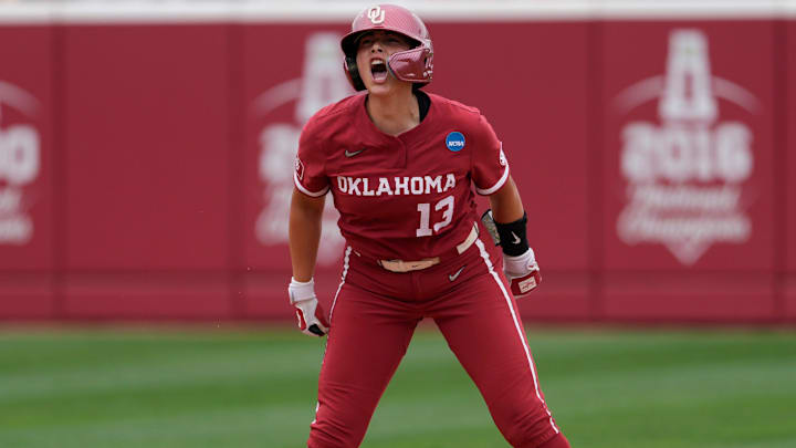 Oklahoma's Isabela Emerling celebrates a hit at Love's Field.