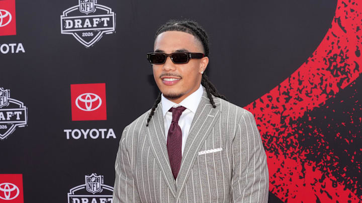 Apr 23, 2026; Pittsburgh, PA, USA; Southern California Trojans receiver Makai Lemon poses on the red carpet before the 2026 NFL Draft at Point State Park. 