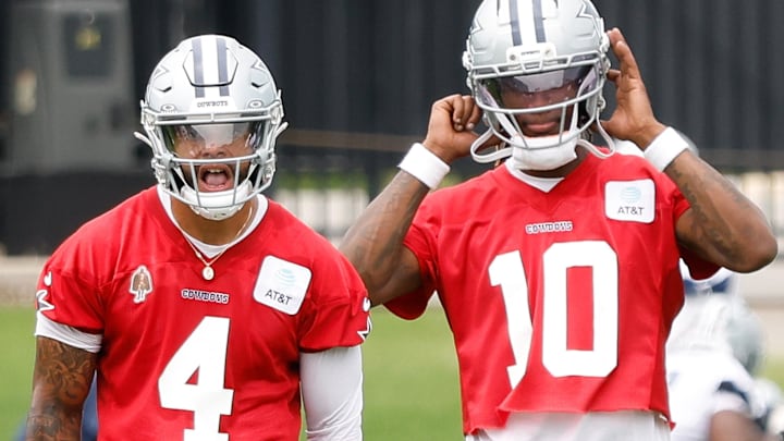 Dallas Cowboys quarterback Dak Prescott (4) reacts during a practice drill at the Ford Center at the Star Training Facility in Frisco, Texas.