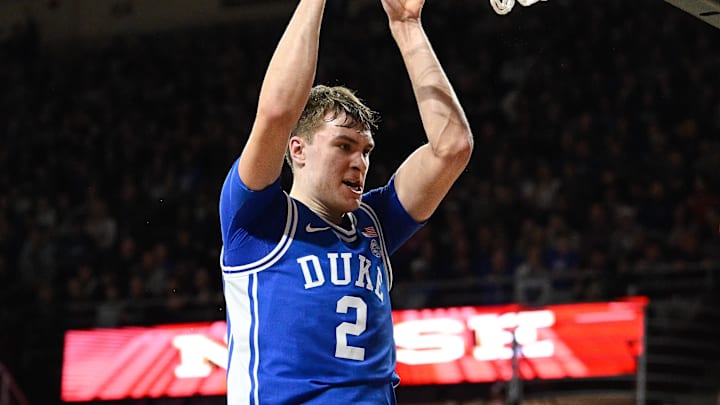 Jan 18, 2025; Chestnut Hill, Massachusetts, USA; Duke Blue Devils guard Cooper Flagg (2) dunks the ball against the Boston College Eagles during the first half at Conte Forum. Mandatory Credit: Eric Canha-Imagn Images