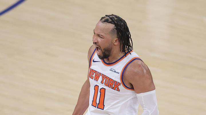 May 19, 2026; New York, New York, USA; New York Knicks guard Jalen Brunson (11) reacts during the fourth quarter of game one of the eastern conference finals during the 2026 NBA playoffs against the Cleveland Cavaliers at Madison Square Garden. Mandatory Credit: Brad Penner-Imagn Images