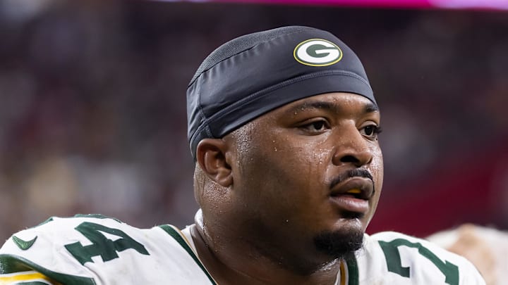 Green Bay Packers center Elgton Jenkins against the Arizona Cardinals. Green Bay Packers center Elgton Jenkins against the Arizona Cardinals.