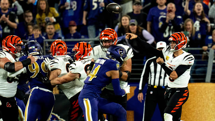Cincinnati Bengals quarterback Joe Burrow (9) throws a pass in the first quarter of the NFL game against the Baltimore Ravens at M&T Banks Stadium in Baltimore on Thursday, Nov. 7, 2024.
