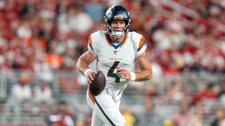 August 9, 2025; Santa Clara, California, USA; Denver Broncos quarterback Sam Ehlinger (4) during the fourth quarter against the San Francisco 49ers at Levi's Stadium. 